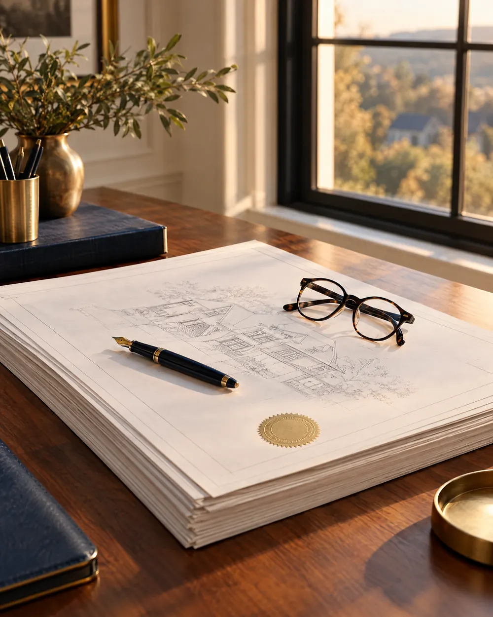 A stack of approved drawings with an embossed seal and a pen on a walnut desk