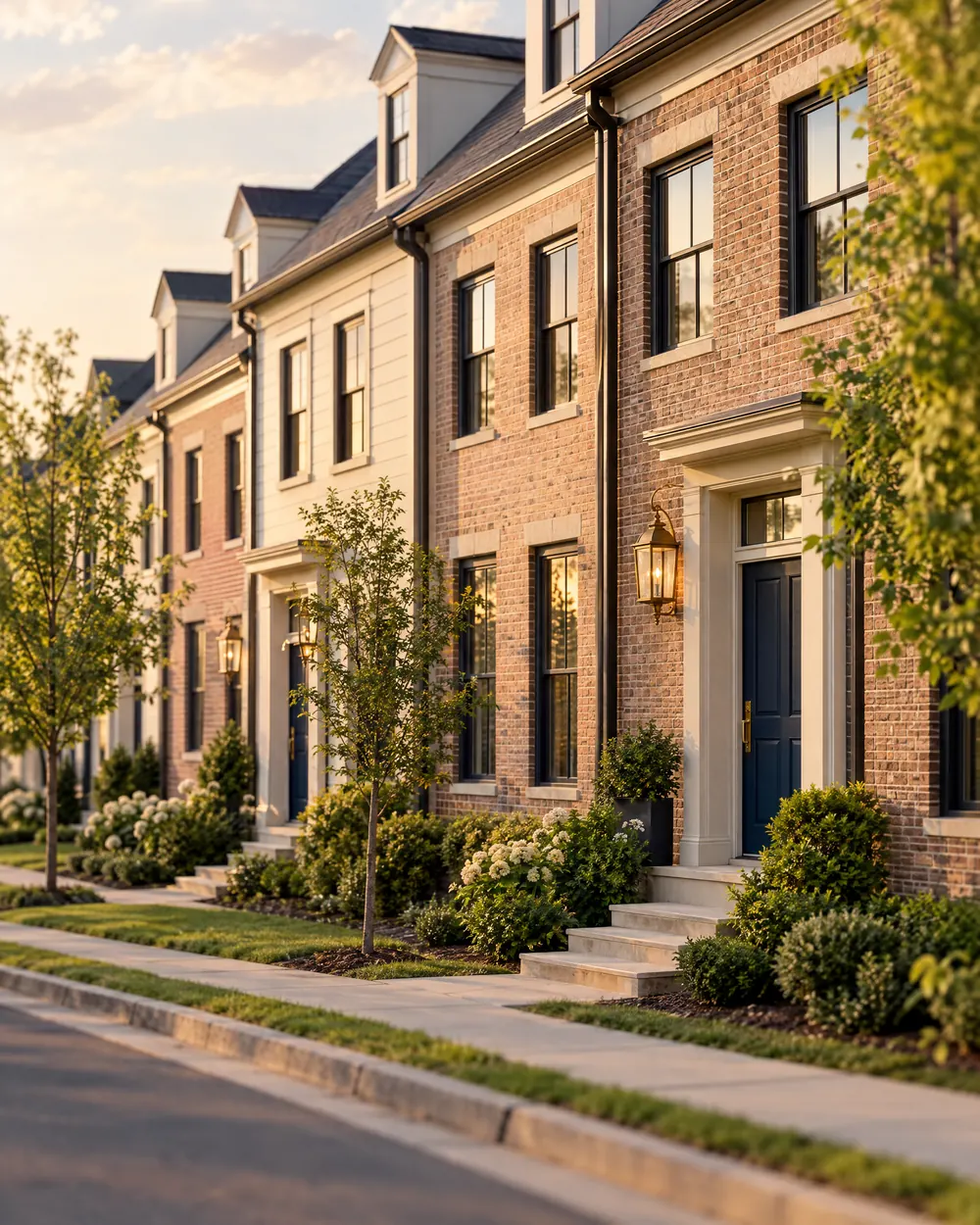 A row of new brick and cream townhomes with navy doors and brass lanterns