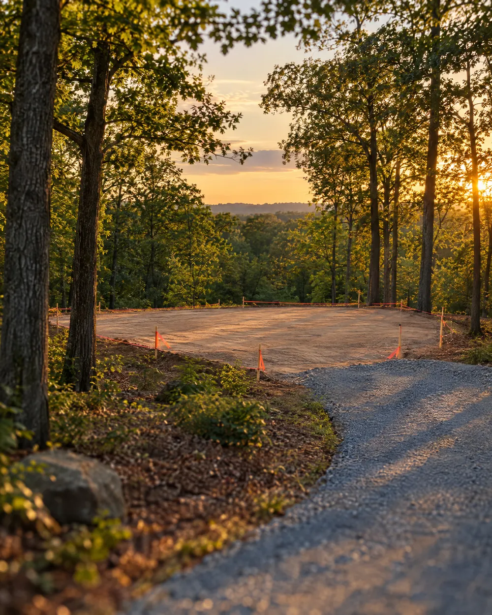 A wooded lot with a cleared building pad marked by survey stakes and flagging tape
