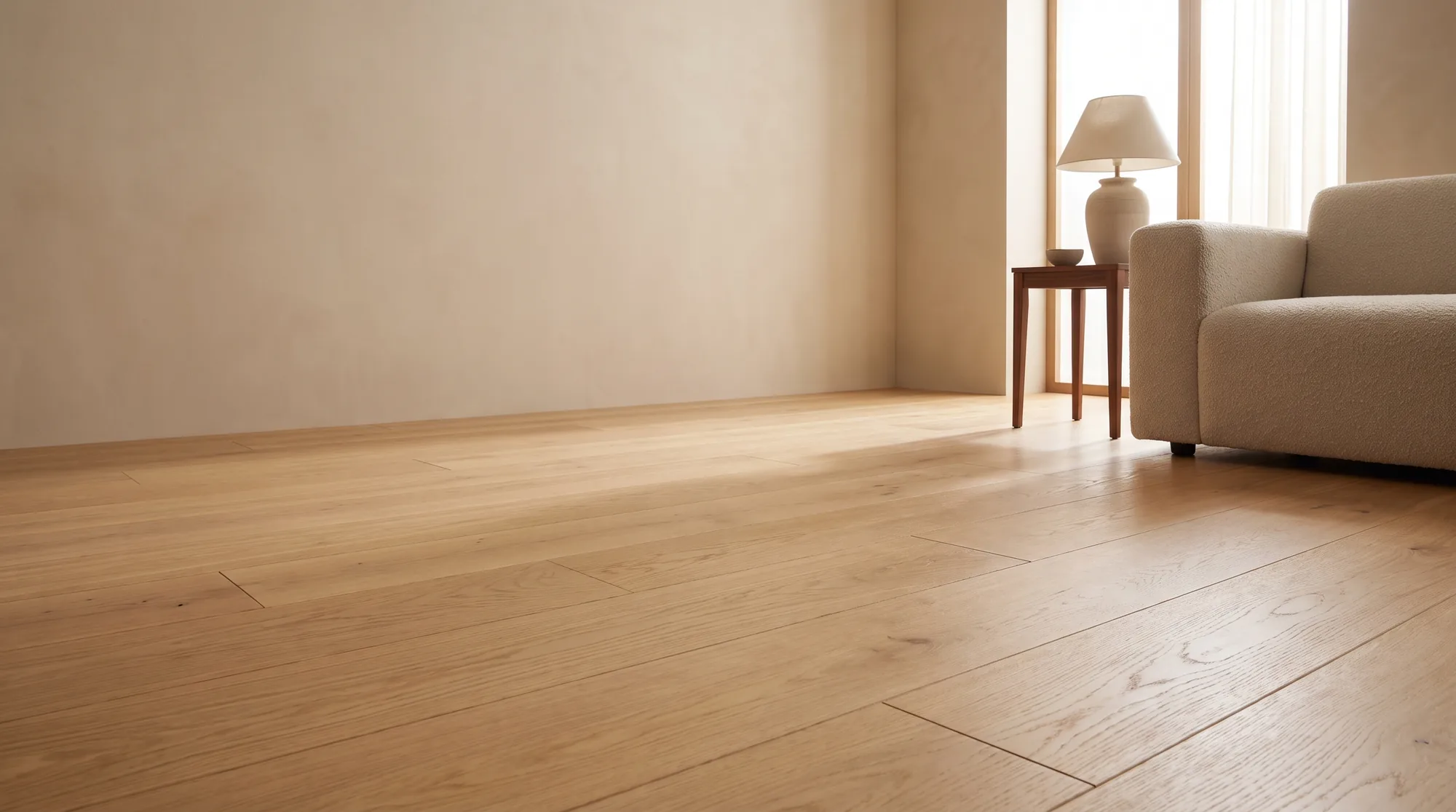 Wide-plank hardwood flooring in a finished interior
