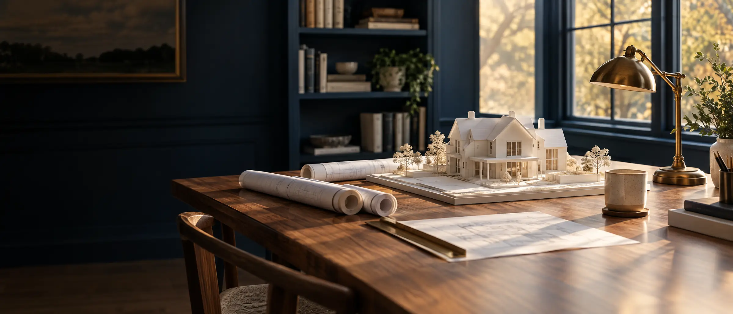 A white architectural model of a house on a walnut table beside rolled drawings and a brass lamp