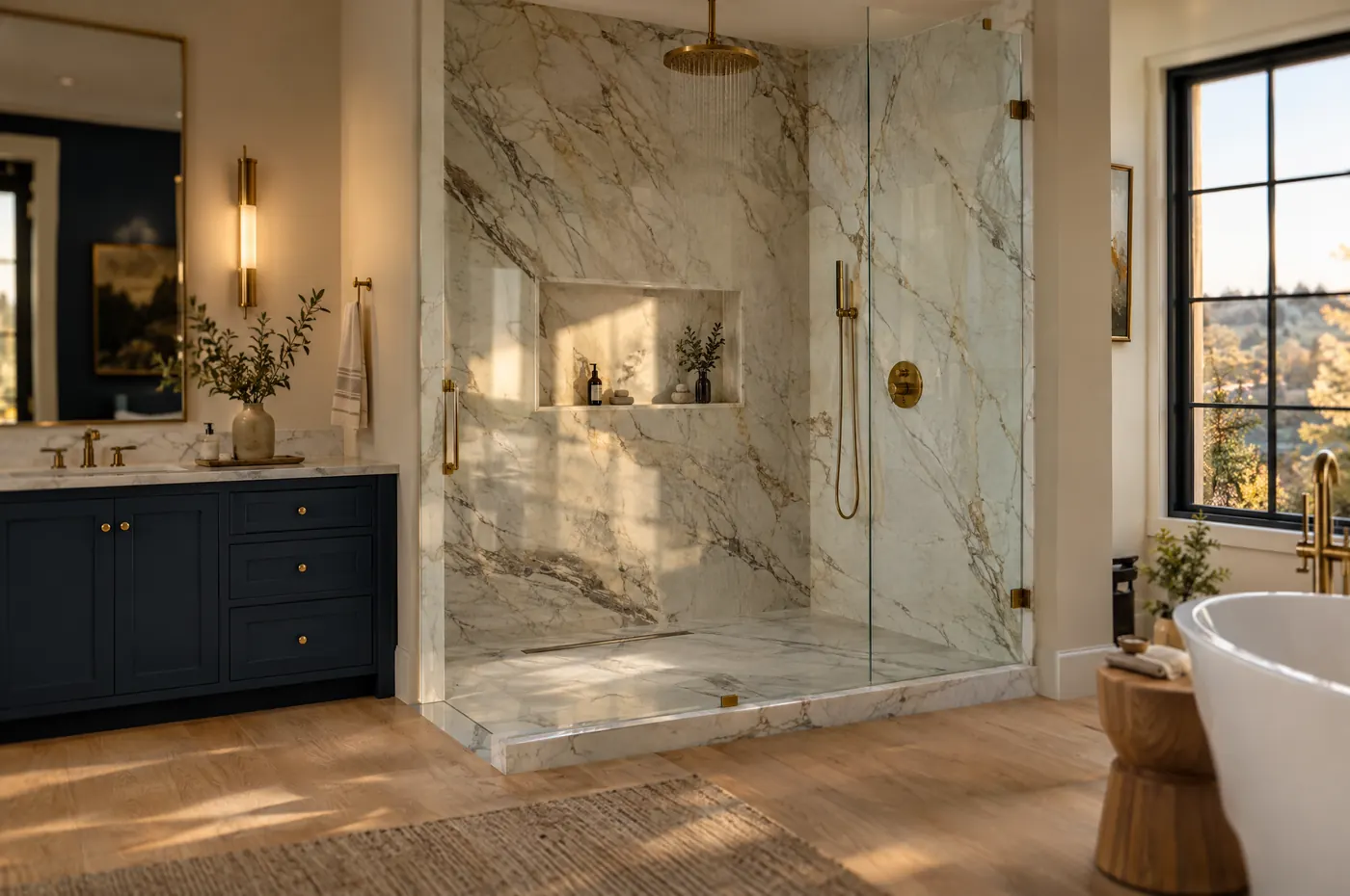 A walk-in marble shower with a brass rain head, a niche, and frameless glass