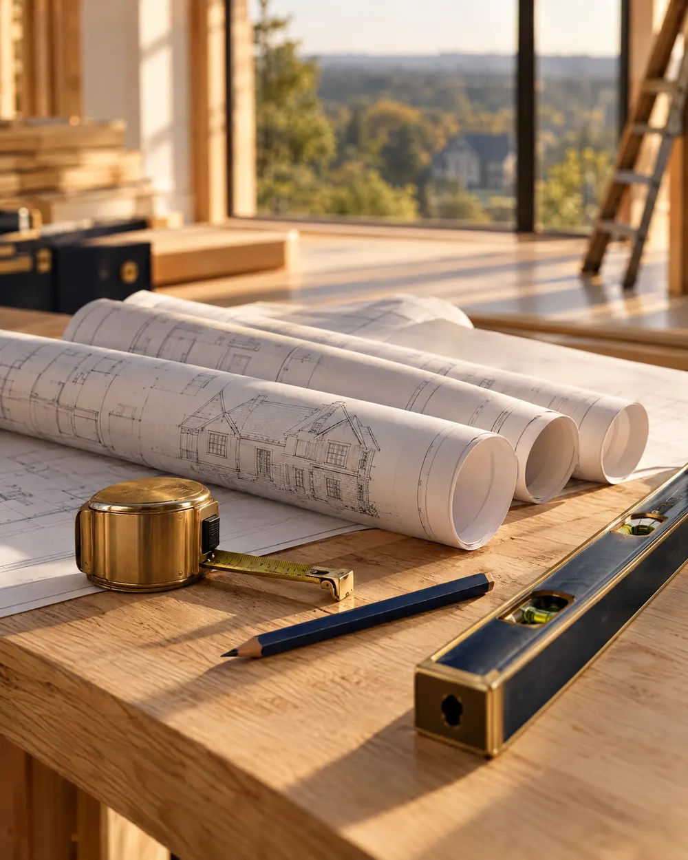 Rolled blueprints, a brass tape measure, a pencil, and a level on an oak work table