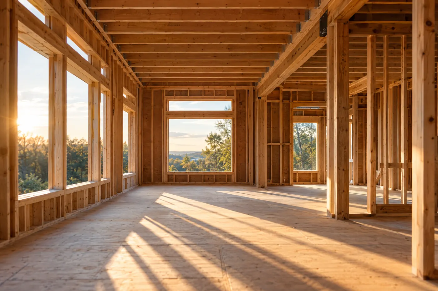 A freshly framed interior, sunlight falling through the window openings onto the subfloor