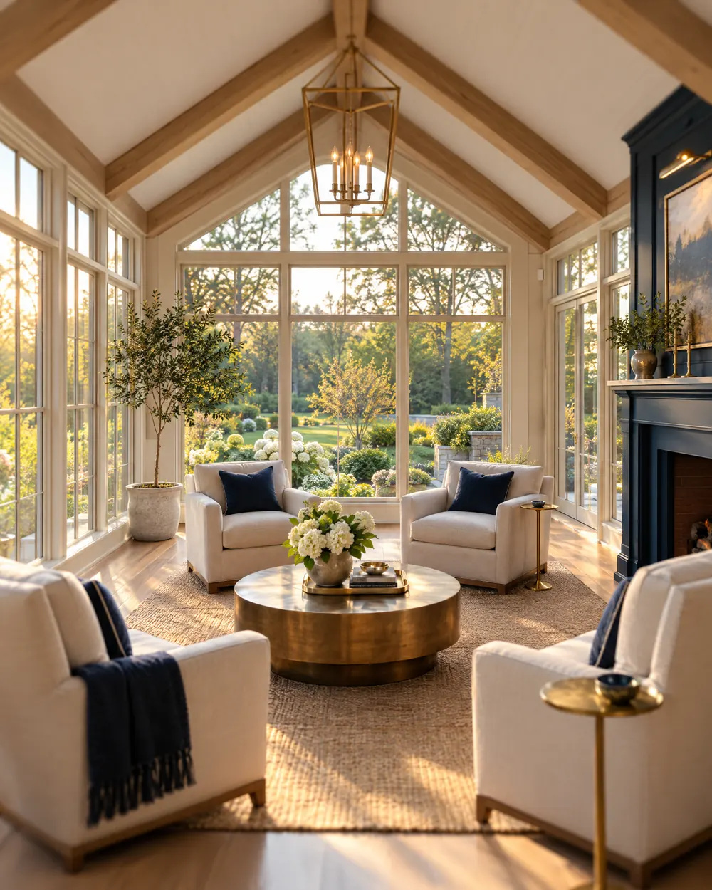A sunroom addition with a beamed vaulted ceiling and walls of windows