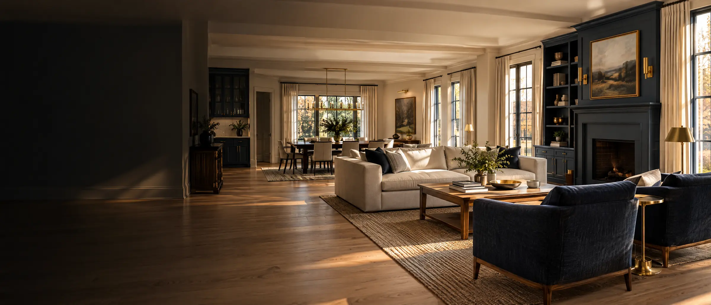 An open-plan living and dining room with oak floors, cream walls, and navy built-in shelving