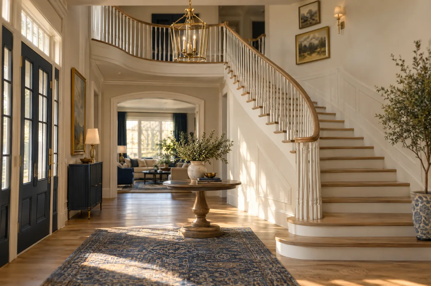 An entry hall with a curved staircase, oak treads, and a brass lantern