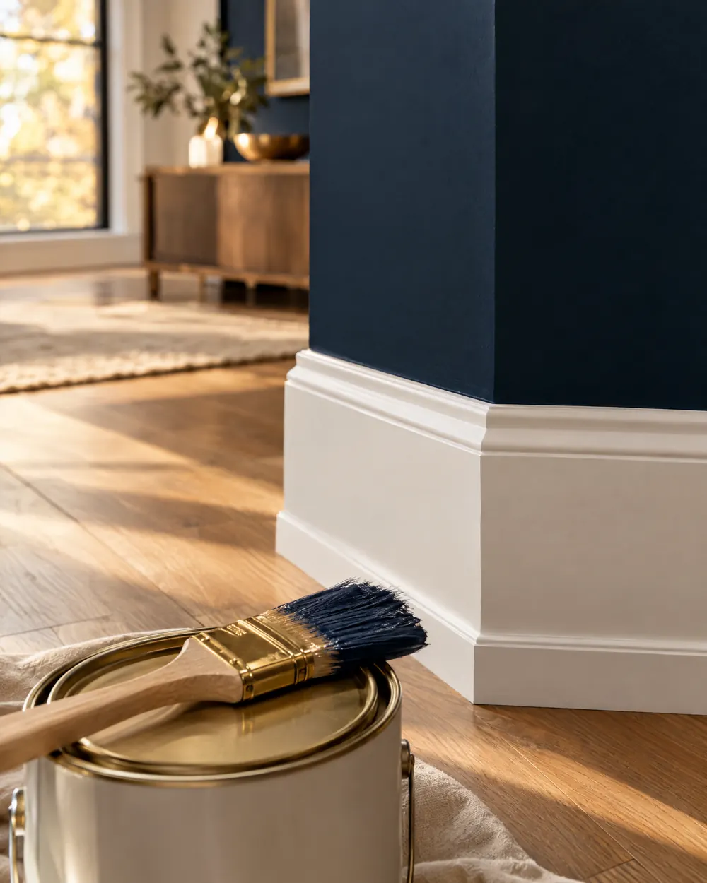 A crisp paint line where a navy wall meets white trim, a brush on a paint can